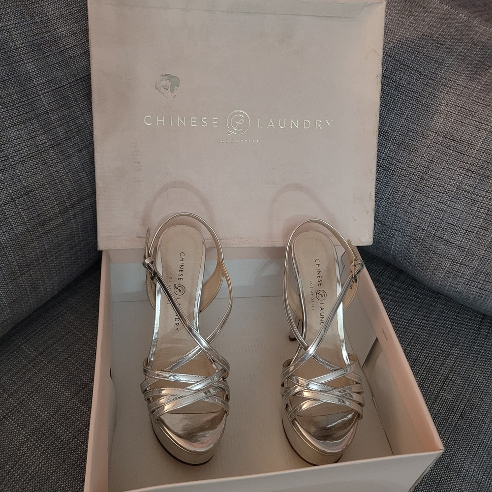 Chinese Laundry Metallic Silver Strappy Heels